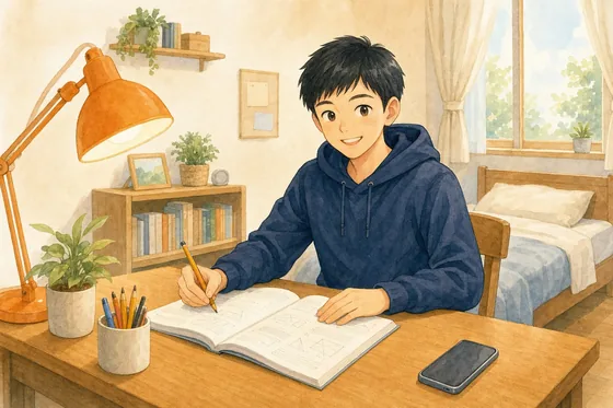 同じ男の子が、同じ部屋で今度は笑顔で前向きに勉強しているイラスト