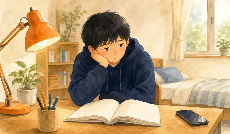 勉強が続かず、机で手が止まっている中学生のイラスト
